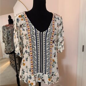 Lucky Brand Floral V-Neck Blouse - White and Yellow